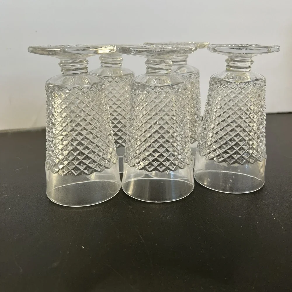 VTG Clear Diamond Point Pressed‎ Glass Footed Juice Glasses Set of 5 Square Base